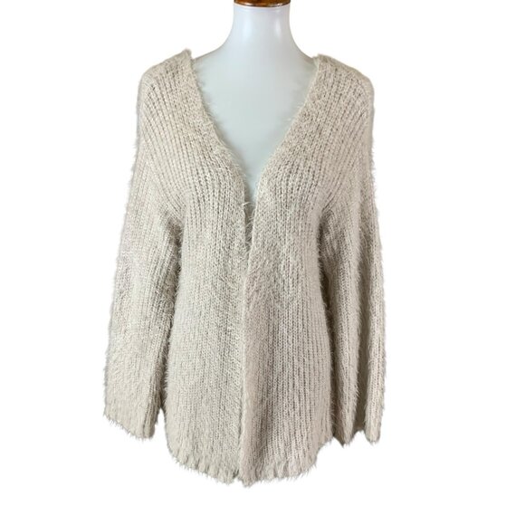 Subdued Beige Fluffy Knit Open Front Cardigan Soft Cozy One Size - Picture 1 of 4